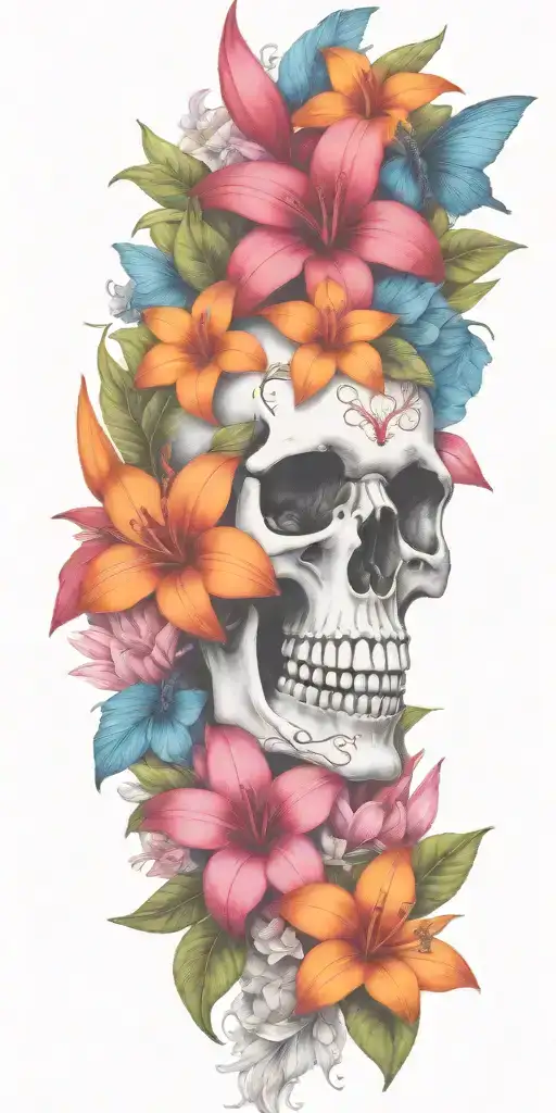 orange Birds of paradise, red poinsettia, blue orchids, pink peonies, and hibiscus flower with a small skull buried  tattoo design idea