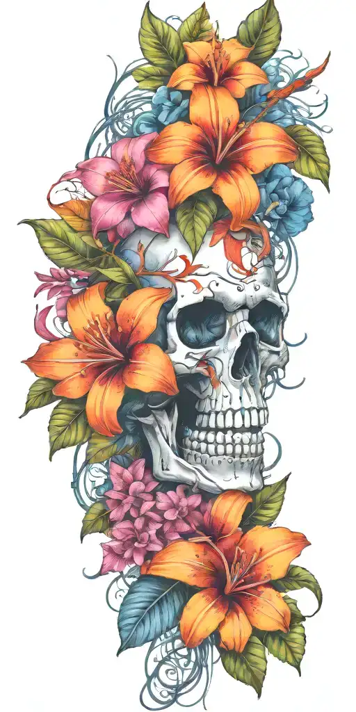 orange Birds of paradise, red poinsettia, blue orchids, pink peonies, and hibiscus flower with one skull and barbed wire tattoo design idea