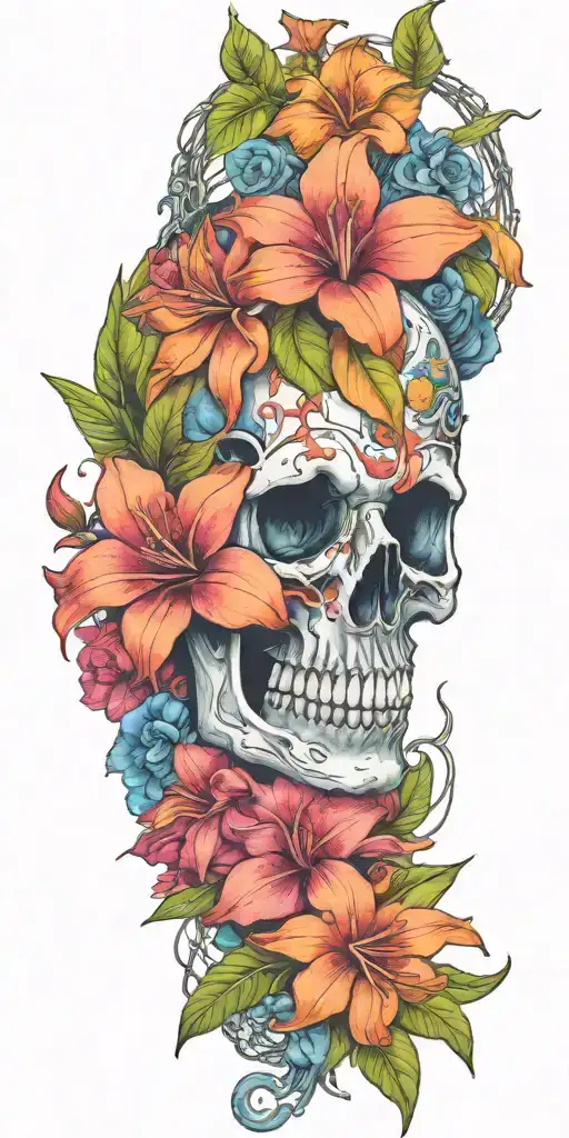 orange Birds of paradise, red poinsettia, blue orchids, pink peonies, and hibiscus flower with one skull and barbed wire tattoo design idea
