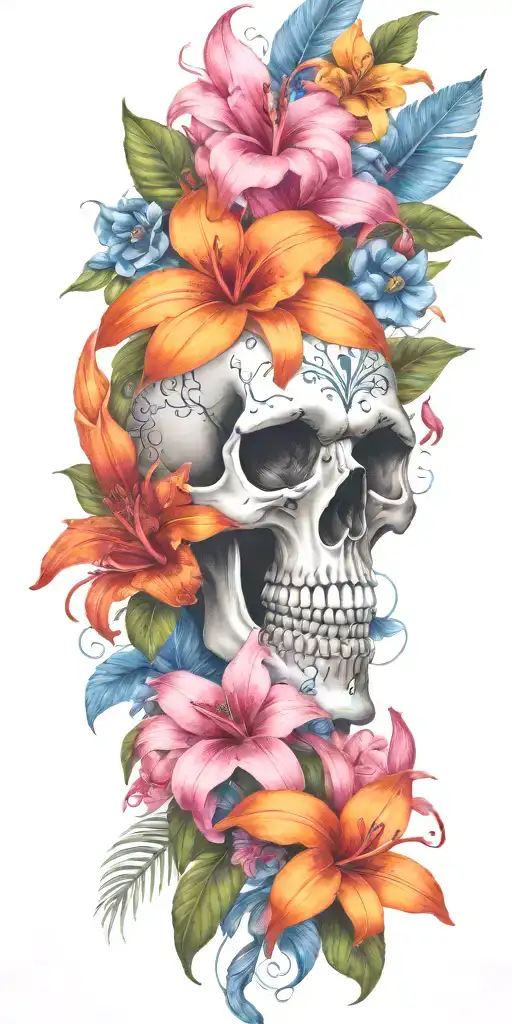 orange Birds of paradise, red poinsettia, blue orchids, pink peonies, and hibiscus flower with a small skull buried tattoo design idea