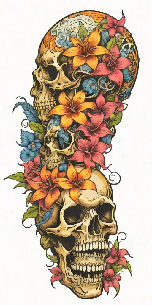 orange Birds of paradise, red poinsettia, blue orchids, pink peonies, and hibiscus flowers with skulls and barbed wire tattoo design idea