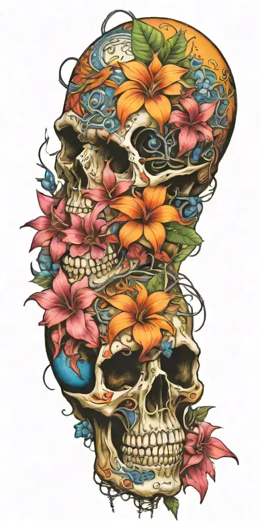 orange Birds of paradise, red poinsettia, blue orchids, pink peonies, and hibiscus flowers with skulls and barbed wire tattoo design idea