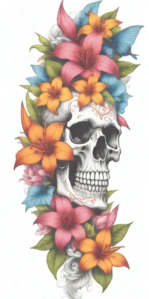 orange Birds of paradise, red poinsettia, blue orchids, pink peonies, and hibiscus flower with a small skull buried  tattoo design idea