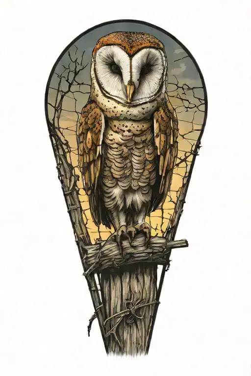 barn owl perched on a old barbed wire fence post tattoo design idea