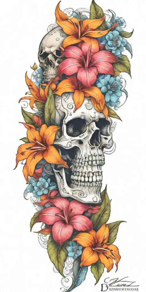 orange Birds of paradise, red poinsettia, blue orchids, pink peonies, and hibiscus flower with a small skull buried  tattoo design idea