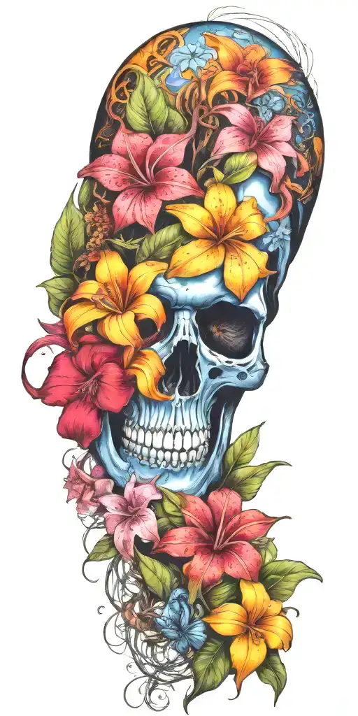 orange Birds of paradise, red poinsettia, blue orchids, pink peonies, and hibiscus flower with one skull and barbed wire tattoo design idea