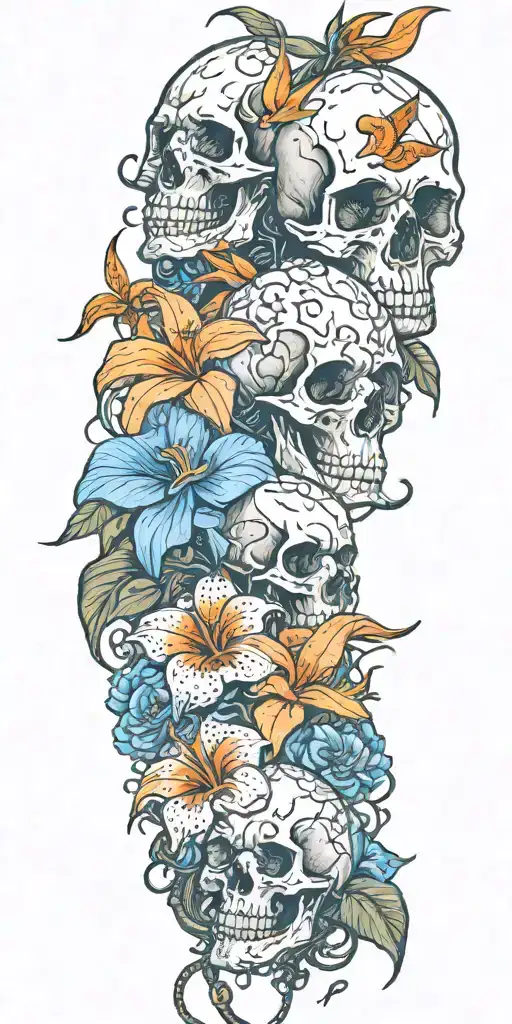 orange Birds of paradise, white moonflowers, blue orchids, and hibiscus flowers with skulls and barbed wire tattoo design idea