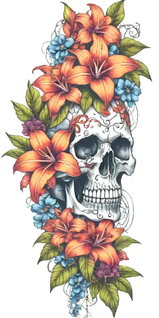 orange Birds of paradise, red poinsettia, blue orchids, pink peonies, and hibiscus flower with one skull and barbed wire tattoo design idea