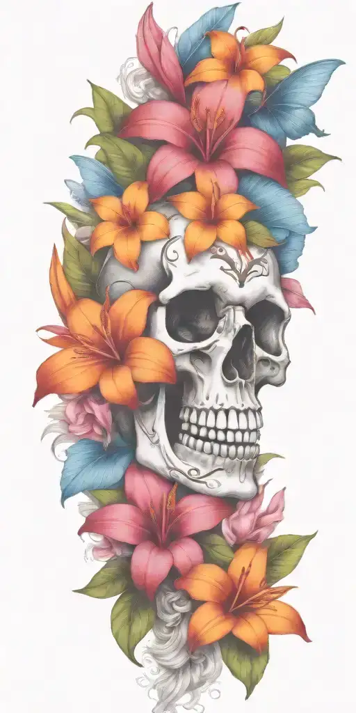 orange Birds of paradise, red poinsettia, blue orchids, pink peonies, and hibiscus flower with a small skull buried  tattoo design idea