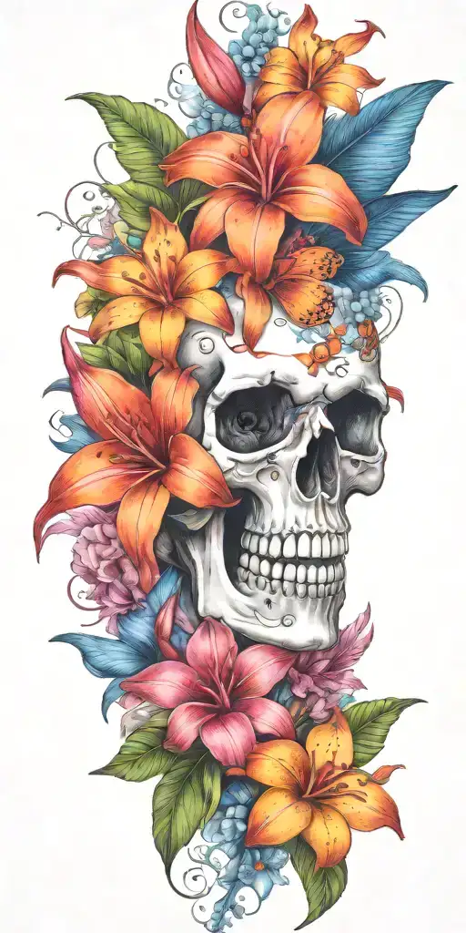 orange Birds of paradise, red poinsettia, blue orchids, pink peonies, and hibiscus flower with a small skull buried  tattoo design idea