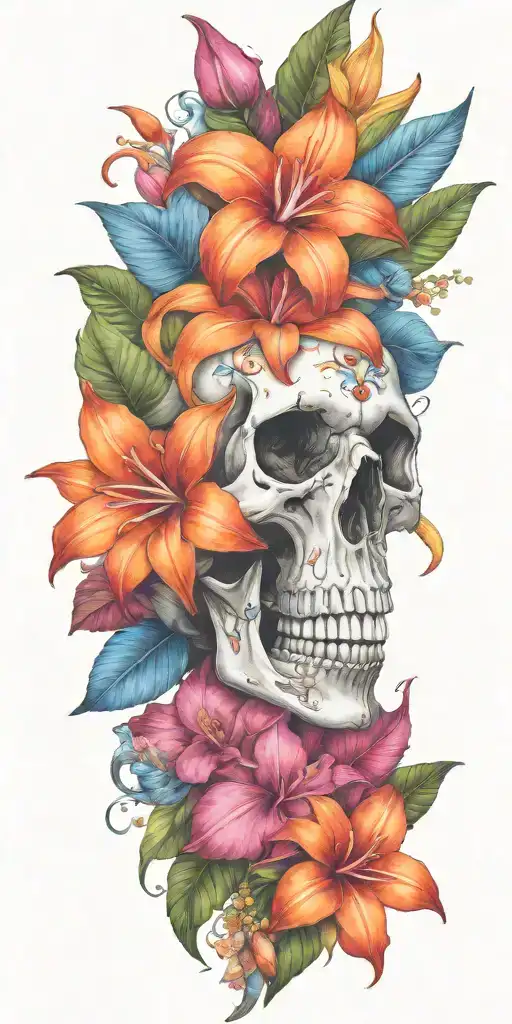 orange Birds of paradise, red poinsettia, blue orchids, pink peonies, and hibiscus flower with a small skull buried tattoo design idea