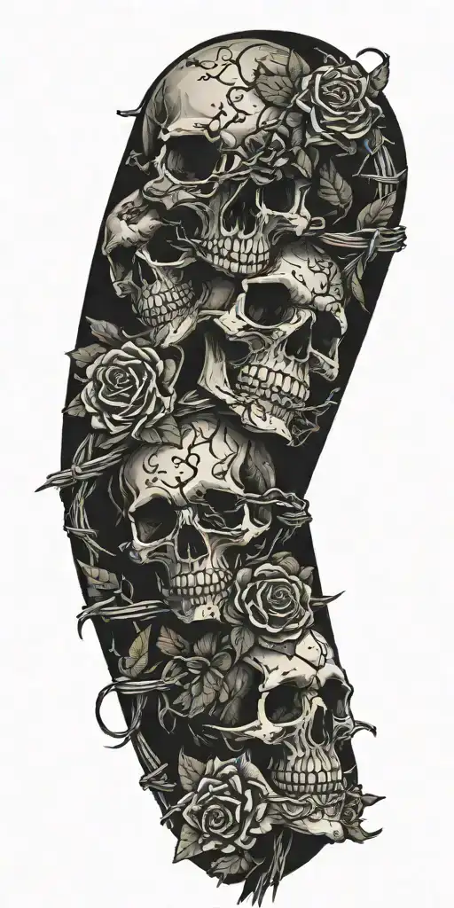 tropical flowers and skulls with a single subtle, knarled fence post holding a sigle strand of barbed wire.   tattoo design idea