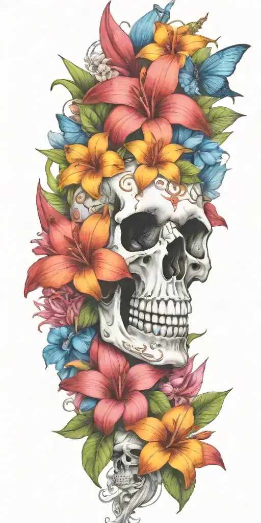 orange Birds of paradise, red poinsettia, blue orchids, pink peonies, and hibiscus flower with a small skull buried  tattoo design idea