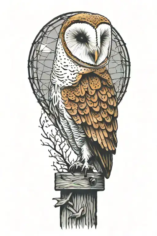 barn owl perched on a old barbed wire fence post tattoo design idea