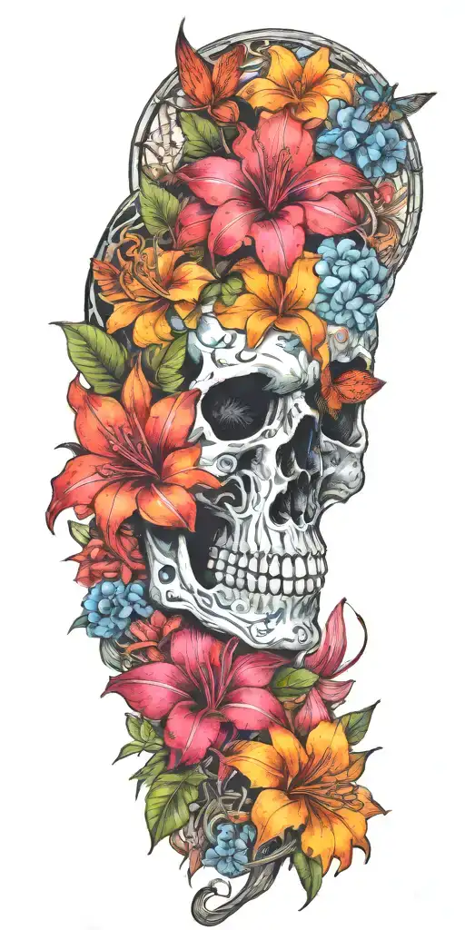 orange Birds of paradise, red poinsettia, blue orchids, pink peonies, and hibiscus flower with one skull and barbed wire tattoo design idea