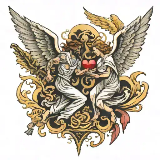 angels fighting demons scene with the love for Jesus and family.  tattoo design idea