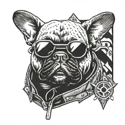 A French bulldog wearing a leather jacket and sunglasses, surrounded by gaming symbols tattoo design idea