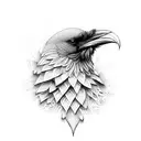 An intricate dotwork design of a raven perched on a vslknut symbol tattoo design idea