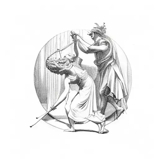 Orpheus with lyre and Eurydice simple no shadowing Orpheus is blindfolded and Eurydice is behind him  tattoo design idea