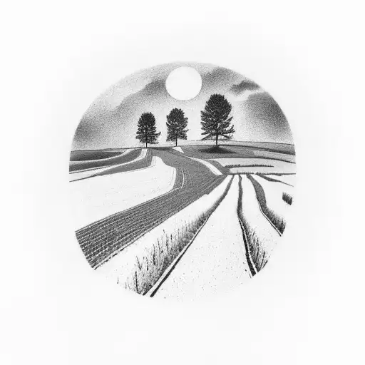 A stunning landscape of the rolling hills and cornfields of Iowa at sunset for a forearm tattoo design idea