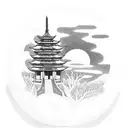 forest with chinese temple and moon with rays of light tattoo design idea