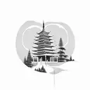 forest with chinese temple and moon with rays of light tattoo design idea