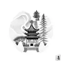 forest with chinese temple and moon with rays of light tattoo design idea