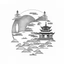 forest with chinese temple and moon with rays of light tattoo design idea