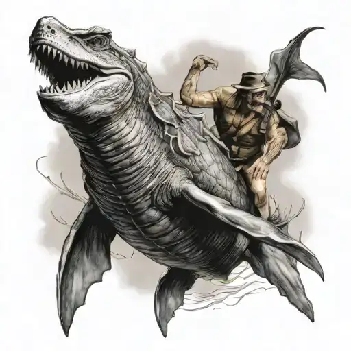 creature of black lagoon riding a hammerhead shark  tattoo design idea