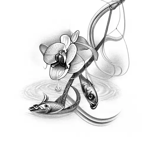 An elegant orchid intertwined with fishing hooks, symbolizing the harmony between nature and the client's passion for fishing tattoo design idea