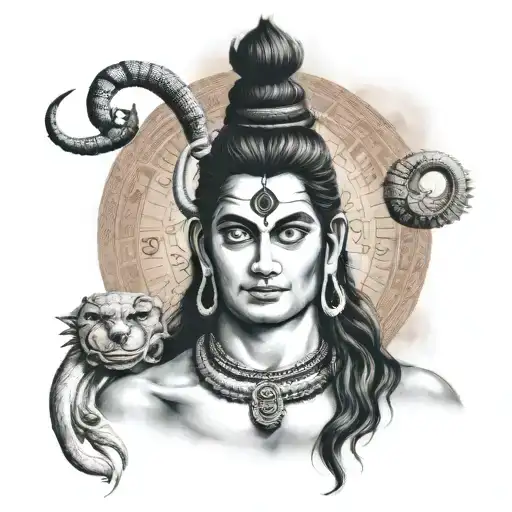 A realistic portrait of Lord Shiva surrounded by Sanskrit quotes tattoo design idea