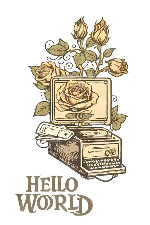 Old PC with text on it monitor: "Hello world" and roses tattoo design idea