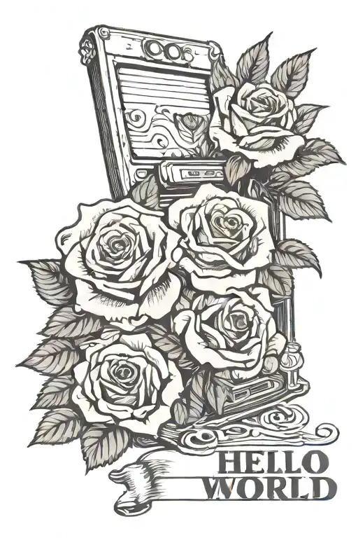 Old PC with text on it monitor: "Hello world" and roses tattoo design idea