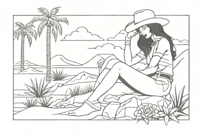 sexy cowgirl sitting on rock on beach with palm trees and a floweringcactus tattoo design idea
