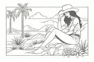 sexy cowgirl sitting on rock on beach with palm trees and a floweringcactus tattoo design idea