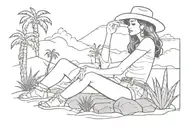 sexy cowgirl sitting on rock on beach with palm trees and a floweringcactus tattoo design idea