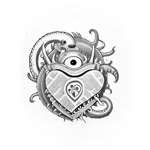 semicolon monster attacking a heart tattoo design idea