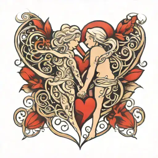 A mother and daughter holding hands with intertwined hearts as a symbol of their unbreakable bond tattoo design idea