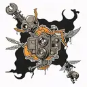 lower arm tattoo travis scott, drone, camera, moon mix tattoo design idea