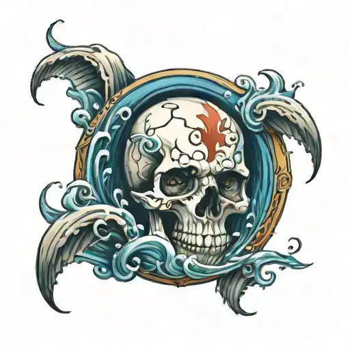 skull and water ocean  tattoo design idea
