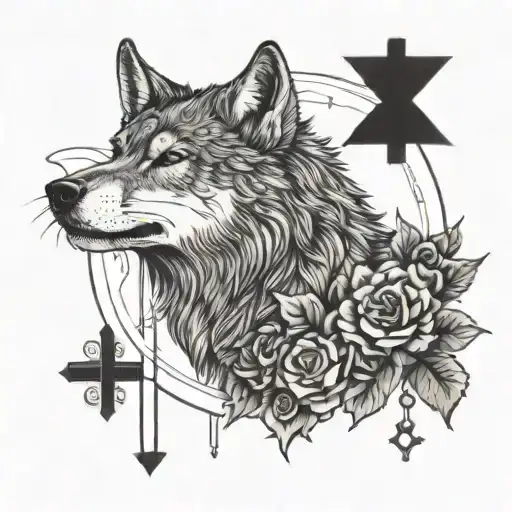 wolf surrounded by roses and a cross and a bible verse and the wolf is bowing to the sun or moon  tattoo design idea
