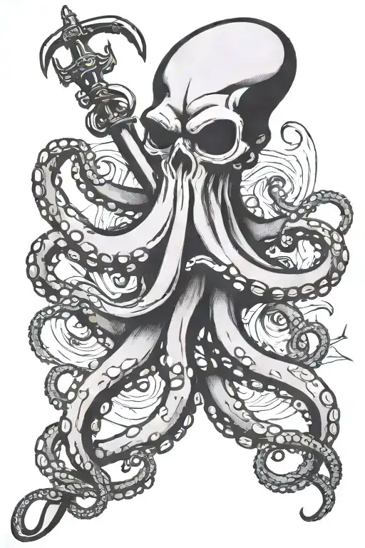 Traditional style Black and grey On the forearm Octopus folding am anchor and a harpoon tattoo design idea