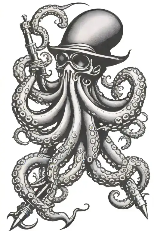 Traditional style Black and grey On the forearm Octopus holding an anchor and a harpoon tattoo design idea