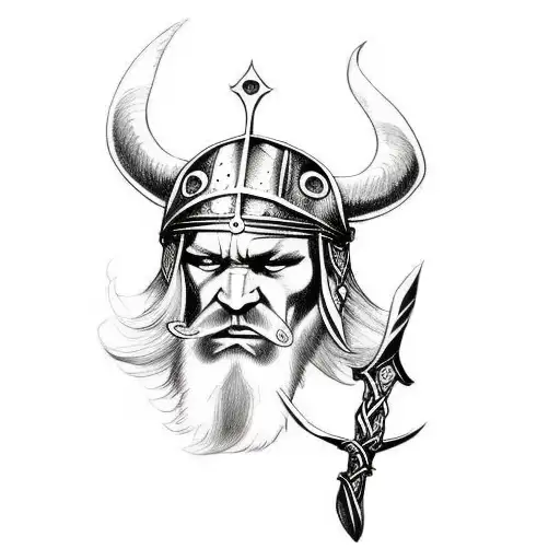 fantasy beautiful viking tattoo design full body, on the background of weapons and shields : : black on white : : highly tattoo design idea