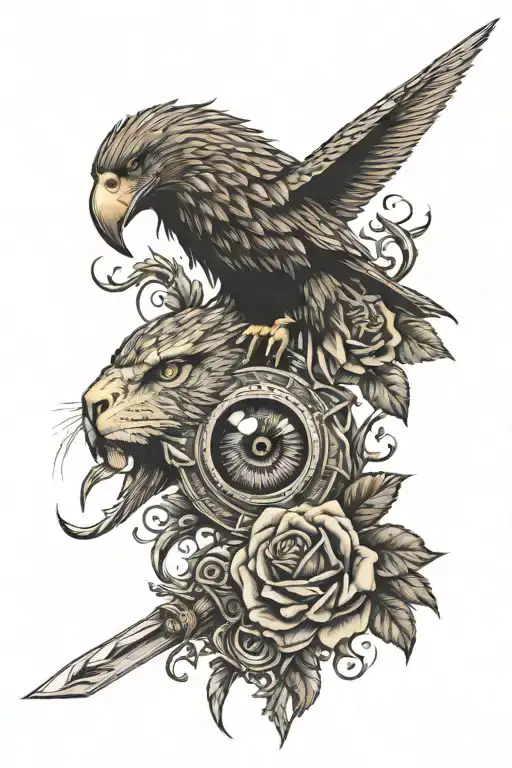 FEMALE EYE AND LION EYE AND SWORD ARROUND ROSES AND EAGLES tattoo design idea
