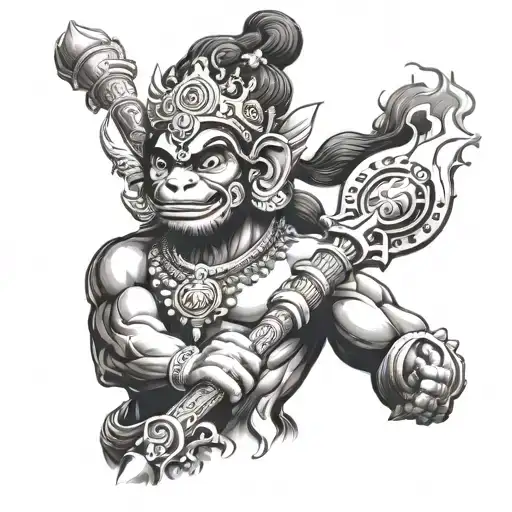 A detailed portrait of Lord Hanuman holding a mace, surrounded by flames and smoke tattoo design idea