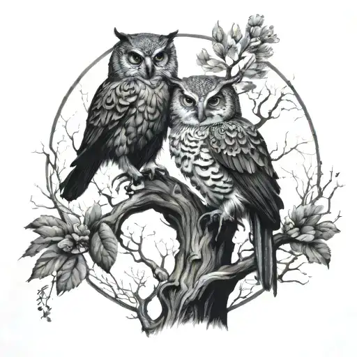 crow owl and phoenix bird in a tree tattoo design idea