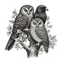 crow owl and phoenix bird in a tree tattoo design idea