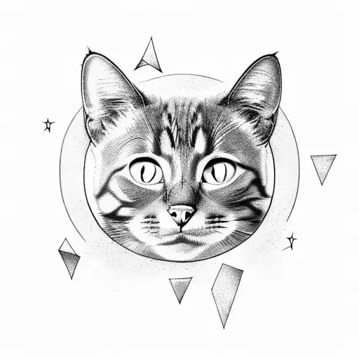 mischievous cat playing with stars with its paw on the moon tattoo design idea