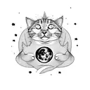 mischievous cat playing with stars with its paw on the moon tattoo design idea
